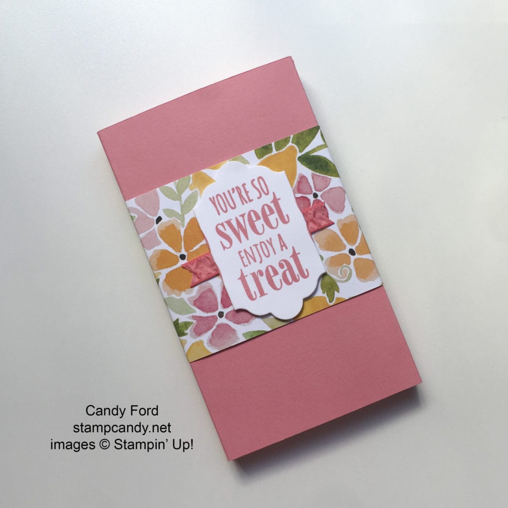 Click through to my web site for details on how to make this sliding treat box! stampcandy.net, Stampin' Up, Fruit Stand DSP patterned paper, Ruched Ribbon, Lots of Labels Framelits dies, You're So Sweet stamp set, gift, gift box, candy gift, tutorial