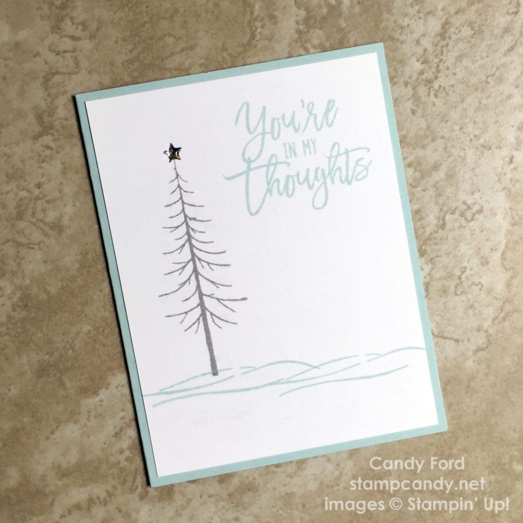 Click through to stampcandy.net for details! Stampin' Up, Thoughtful Branches bundle, You're in my Thoughts, snow, tree, star, Wink of Stella glitter brush, shimmer, handmade card, cardmaking, crafts, diy, papercrafts