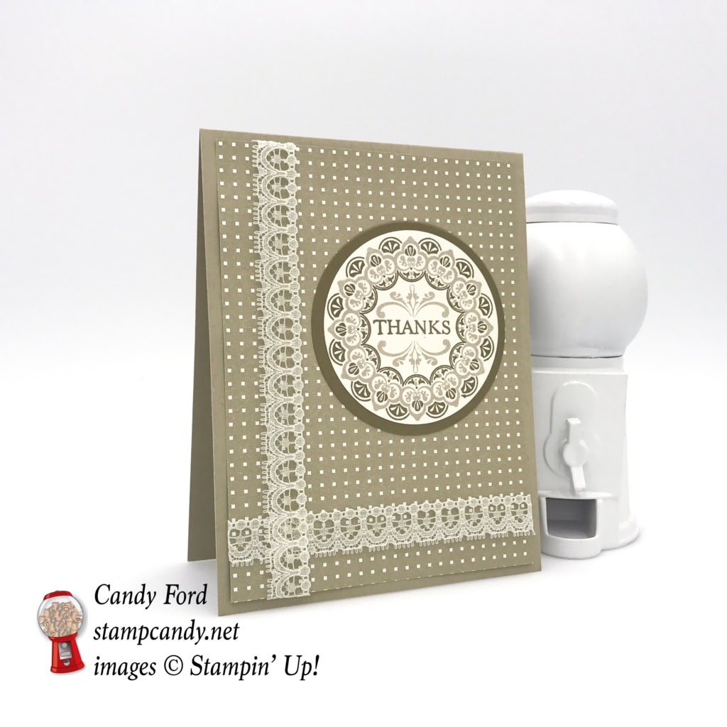 Make a Medallion stamp set, Very Vanilla 1/2" Lace Ribbon, Party Animal DSP, Layering Circles Framelits, Soft Suede, Crumb Cake #stampcandy #stampinup