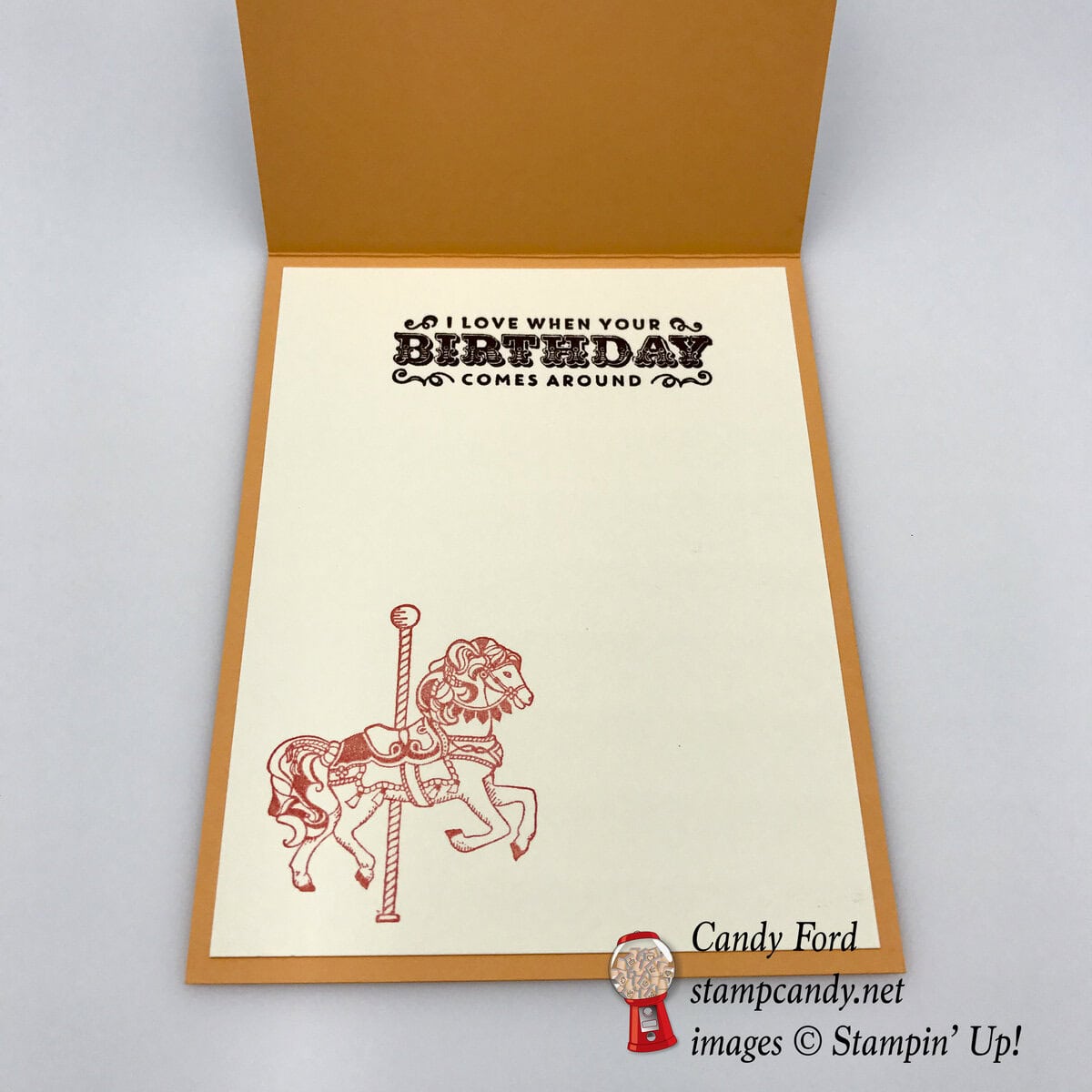 Learn how to make this birthday card with Carousel Birthday stamp set, Cupcakes & Carousels paper, Up & Away Thinlits Dies, Peekaboo Peach, Calypso Coral, Early Espresso, Bermuda Bay, Very Vanilla, Bermuda Bay 1/8" stitched ribbon #stampcandy