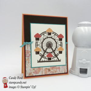 Learn how to make this birthday card with Carousel Birthday stamp set, Cupcakes & Carousels paper, Up & Away Thinlits Dies, Peekaboo Peach, Calypso Coral, Early Espresso, Bermuda Bay, Very Vanilla, Bermuda Bay 1/8" stitched ribbon #stampcandy
