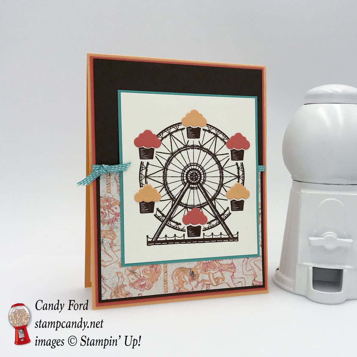 Learn how to make this birthday card with Carousel Birthday stamp set, Cupcakes & Carousels paper, Up & Away Thinlits Dies, Peekaboo Peach, Calypso Coral, Early Espresso, Bermuda Bay, Very Vanilla, Bermuda Bay 1/8" stitched ribbon #stampcandy