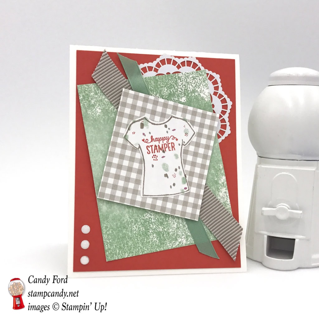 Come to stampcandy.net to learn how to make this card with Designer Tee stamp set, Lace Doilies, White Perfect Accents, Succulent Garden DSP, Tip Top Taupe and Mint Macaron ribbons. #stampcandy #stampinup