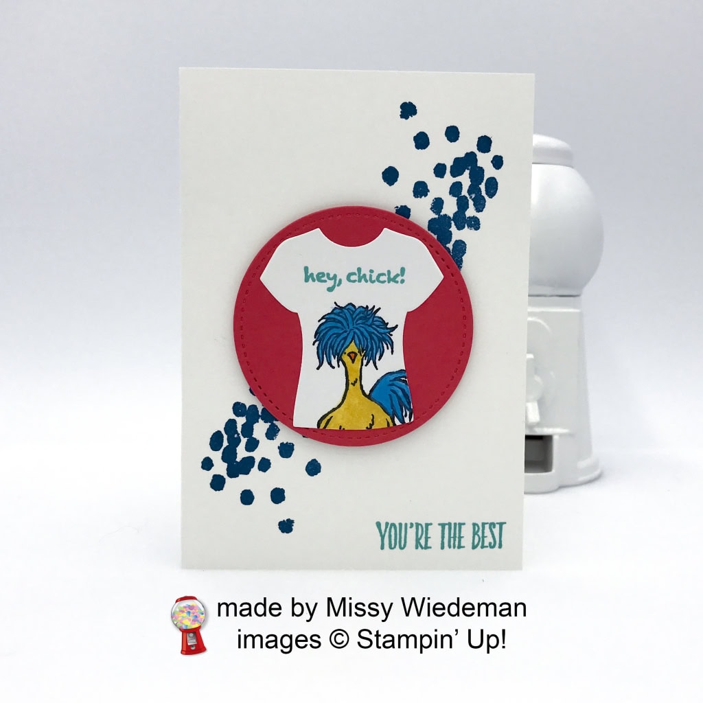 Make this fun card by Missy Wiedeman using the Hey Chick and Dragonfly Dreams stamp sets, Tshirt Builder and Layering Circles Framelits sets by Stampin' Up! #candyhearts #stampcandy