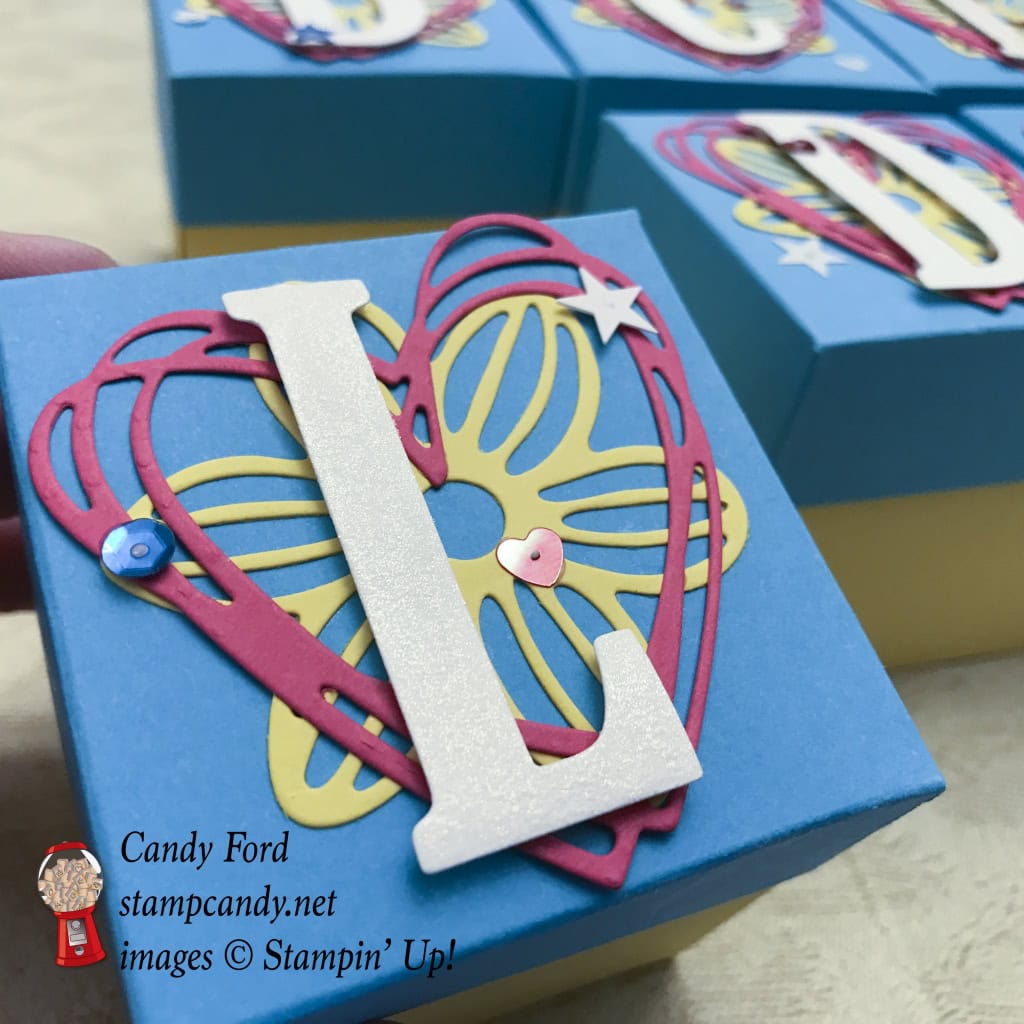Super quick and easy boxes made using Large Letters Framelits Dies, May Flowers Framelits Dies, and Sunshine Wishes Thinlits Dies by Stampin' Up! #stampcandy