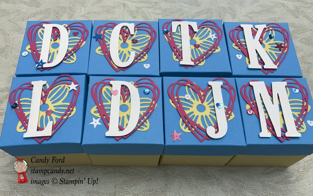 Super quick and easy boxes made using Large Letters Framelits Dies, May Flowers Framelits Dies, and Sunshine Wishes Thinlits Dies by Stampin' Up! #stampcandy