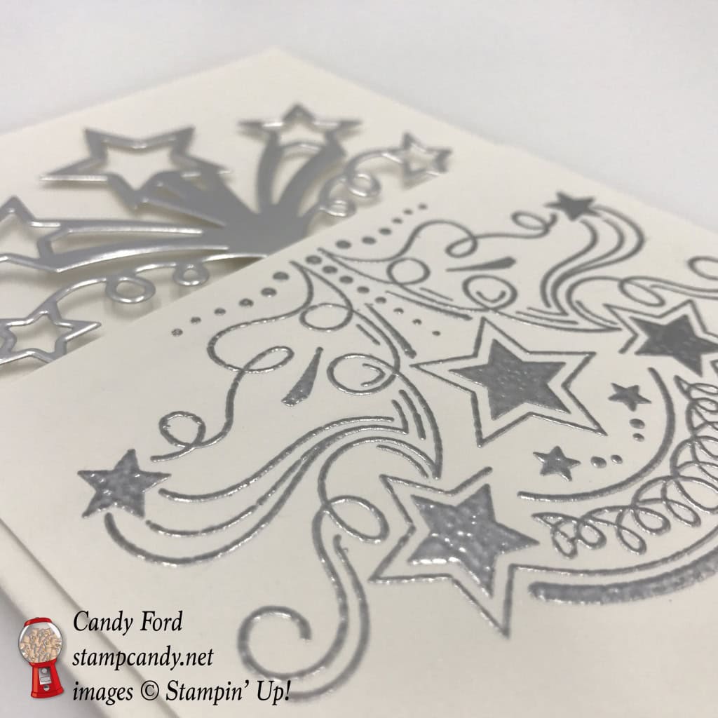 Make this 3/4 card with a spectacular silver Celebration goin' on! Birthday Blast bundle (Birthday Blast stamp set and Star Blast Edgelits dies) by Stampin' Up! #stampcandy