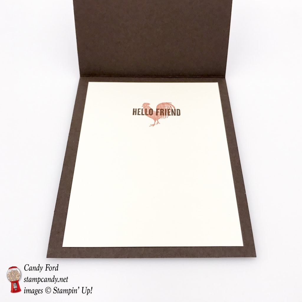 Rooster in the wood pile on this card for a friend, using Wood Textures Suite by Stampin' Up! Wood Words stamp set, Wood Crate Framelits, Hearth & Home Thinlits, 5/8" Burlap Ribbon #stampcandy