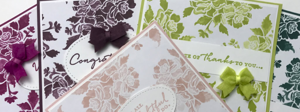 We'll make 5 cards in this class using the Floral Phrases stamp set, Fresh Florals DSP, 2017-2019 In Color Bitty Bows, by Stampin' Up! #stampcandy