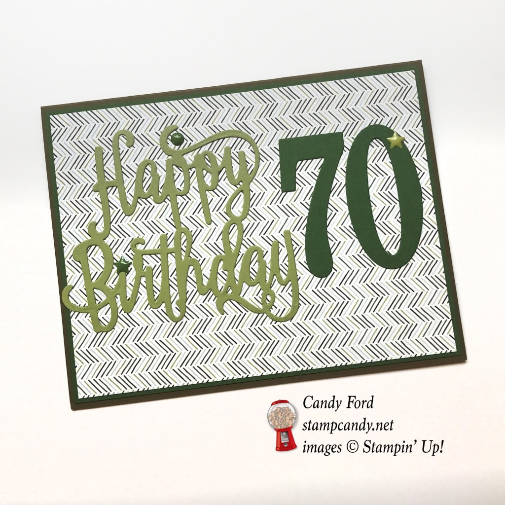 Happy 70th Birthday card made with Happy Birthday Thinlits Die, Large Numbers Framelits Dies, and Coffee Break DSP by Stampin' Up! #stampcandy