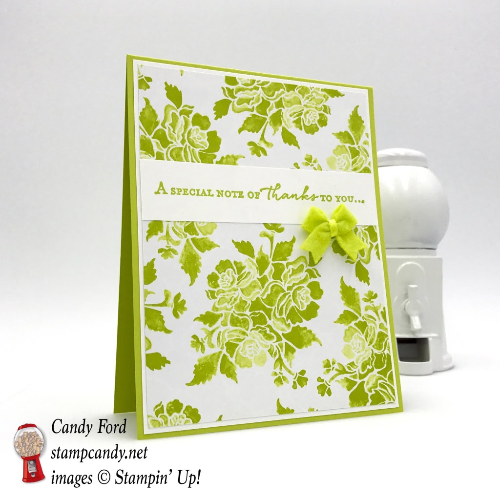 Thank you card, Lemon Lime Twist, Floral Phrases stamp set, Fresh Florals DSP, 2017-2019 In Colors Bitty Bows, by Stampin' Up! #stampcandy