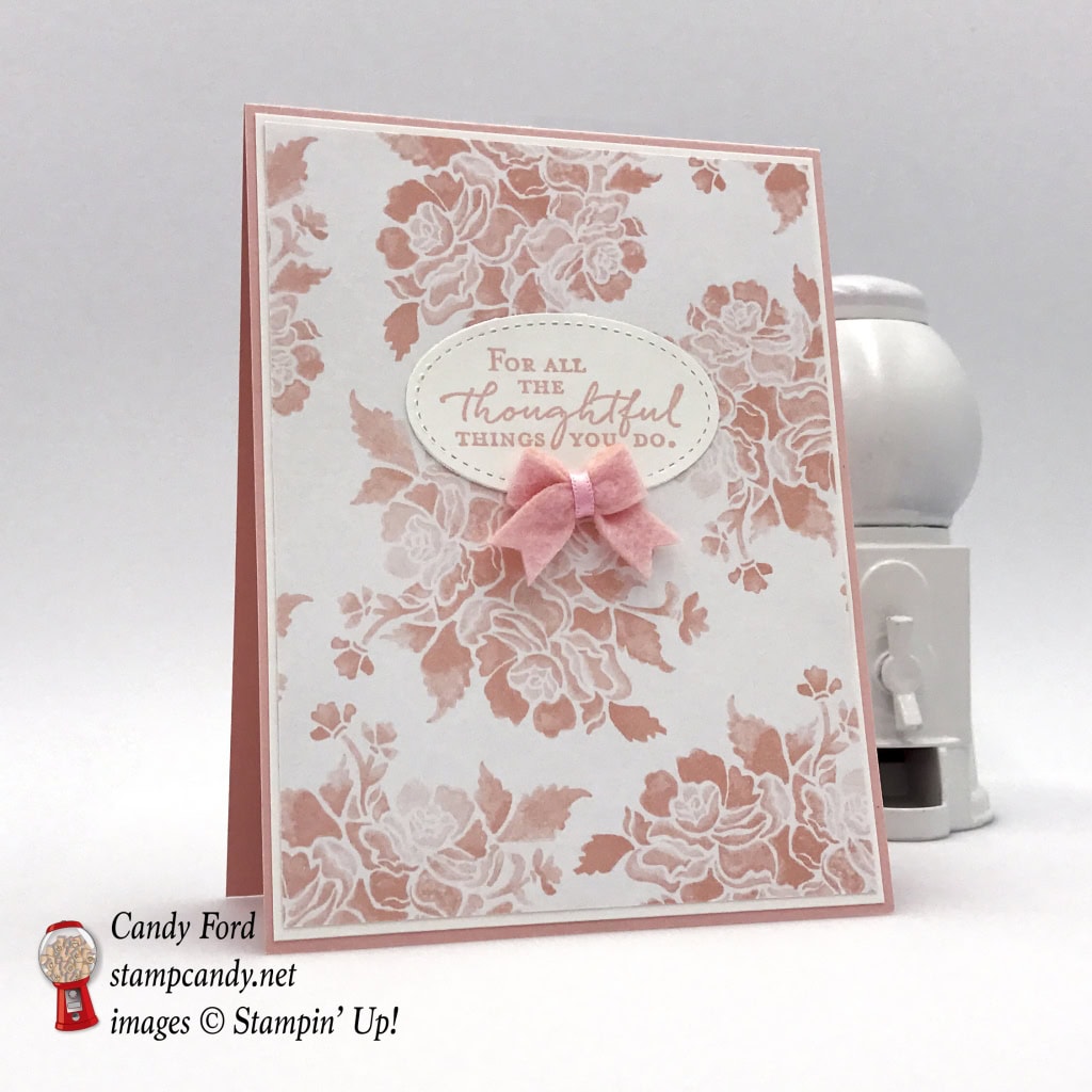 Thank you card, Floral Phrases stamp set, Fresh Florals DSP, 2017-2019 In Colors Bitty Bows, by Stampin' Up! #stampcandy