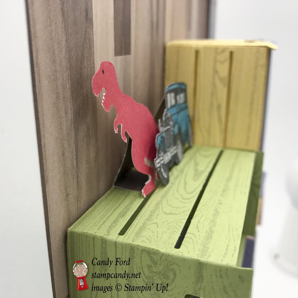 Create a wall of shelves with the Wood Crate Framelits by Stampin' Up! This one is for a baby or kid room, with toys as well as some of the parents' stuff. #stampcandy