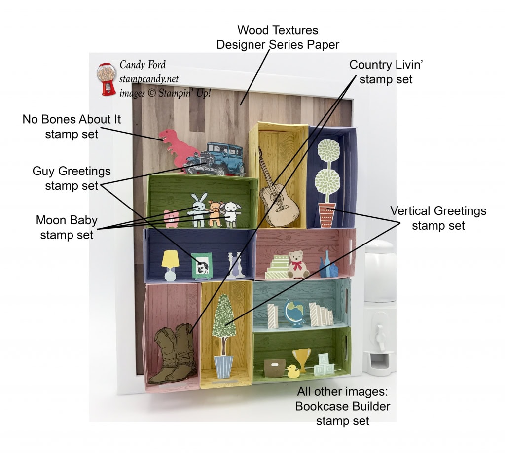 Create a wall of shelves with the Wood Crate Framelits by Stampin' Up! This one is for a baby or kid room, with toys as well as some of the parents' stuff. #stampcandy