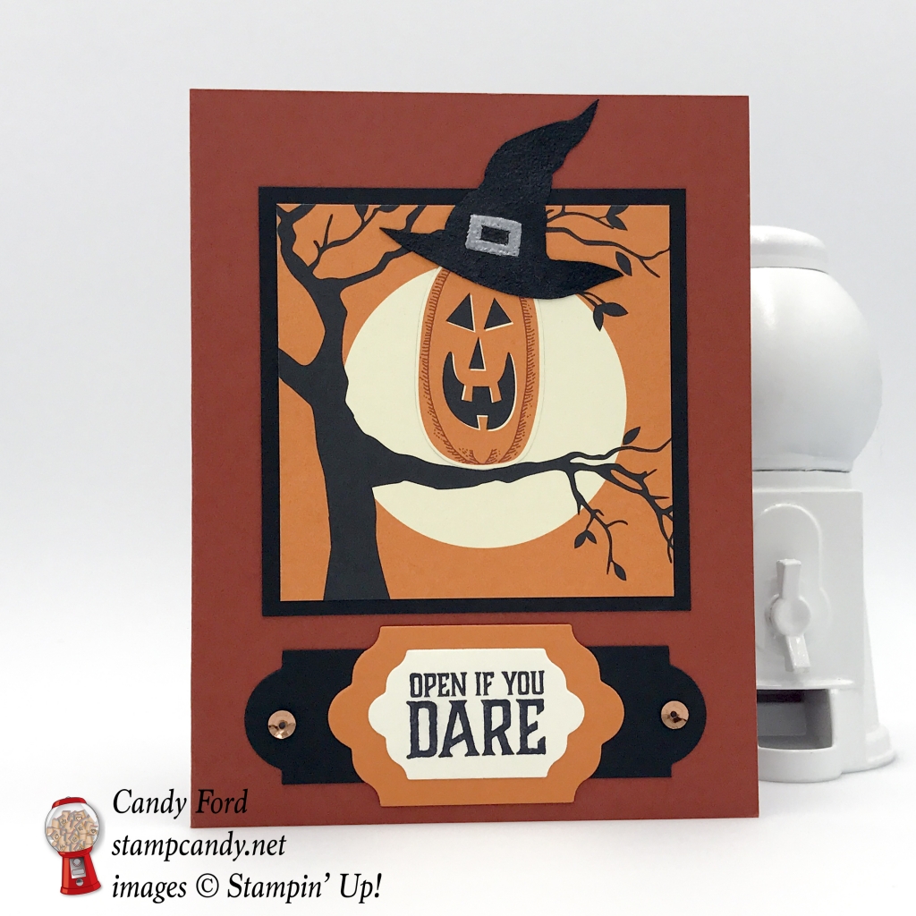 Adorable Halloween card or invitation made using the Graveyard Gate stamp set, Patterned Pumpkins thinlits, Lots of Labels framelits, Spooky Night DSP, Spooky Cat stamp set, by Stampin' Up! #stampcandy