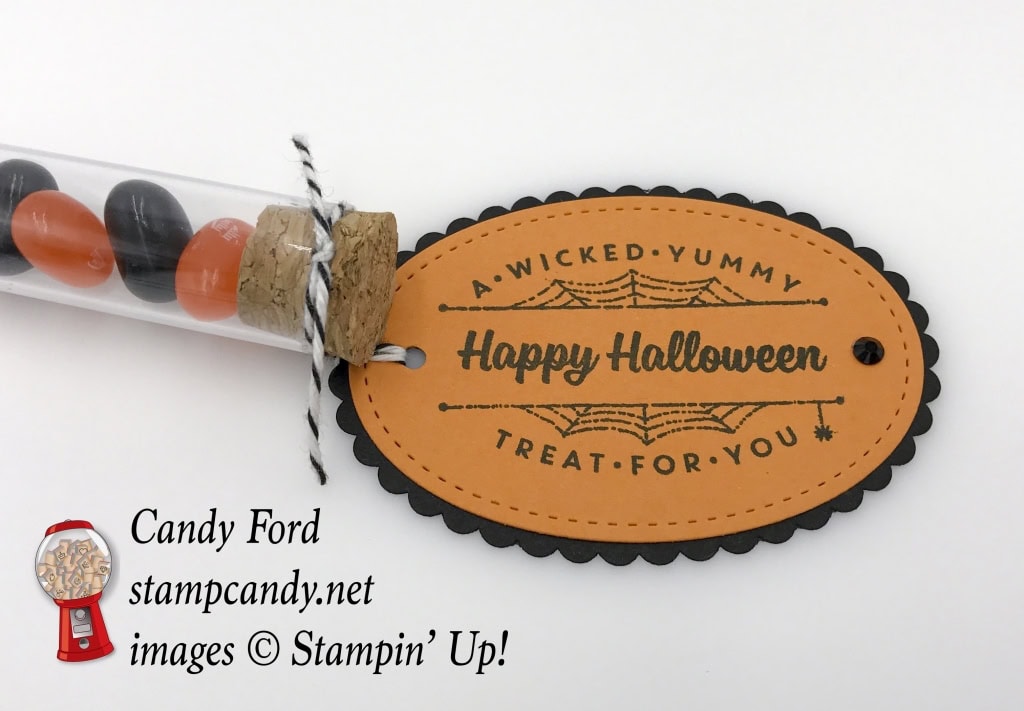 Quick and easy treat made with Spooky Cat stamp set, Layering Ovals Framelits Dies, Stitched Shapes Framelits Dies, Black Rhinestone Jewels, and Treat Tubes by Stampin' Up! #stampcandy