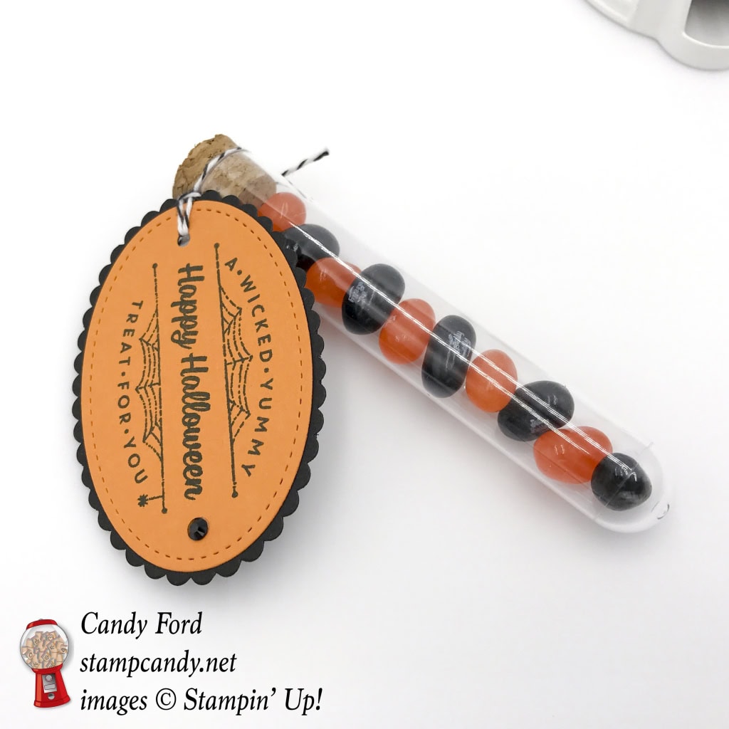 Quick and easy treat made with Spooky Cat stamp set, Layering Ovals Framelits Dies, Stitched Shapes Framelits Dies, Black Rhinestone Jewels, and Treat Tubes by Stampin' Up! #stampcandy
