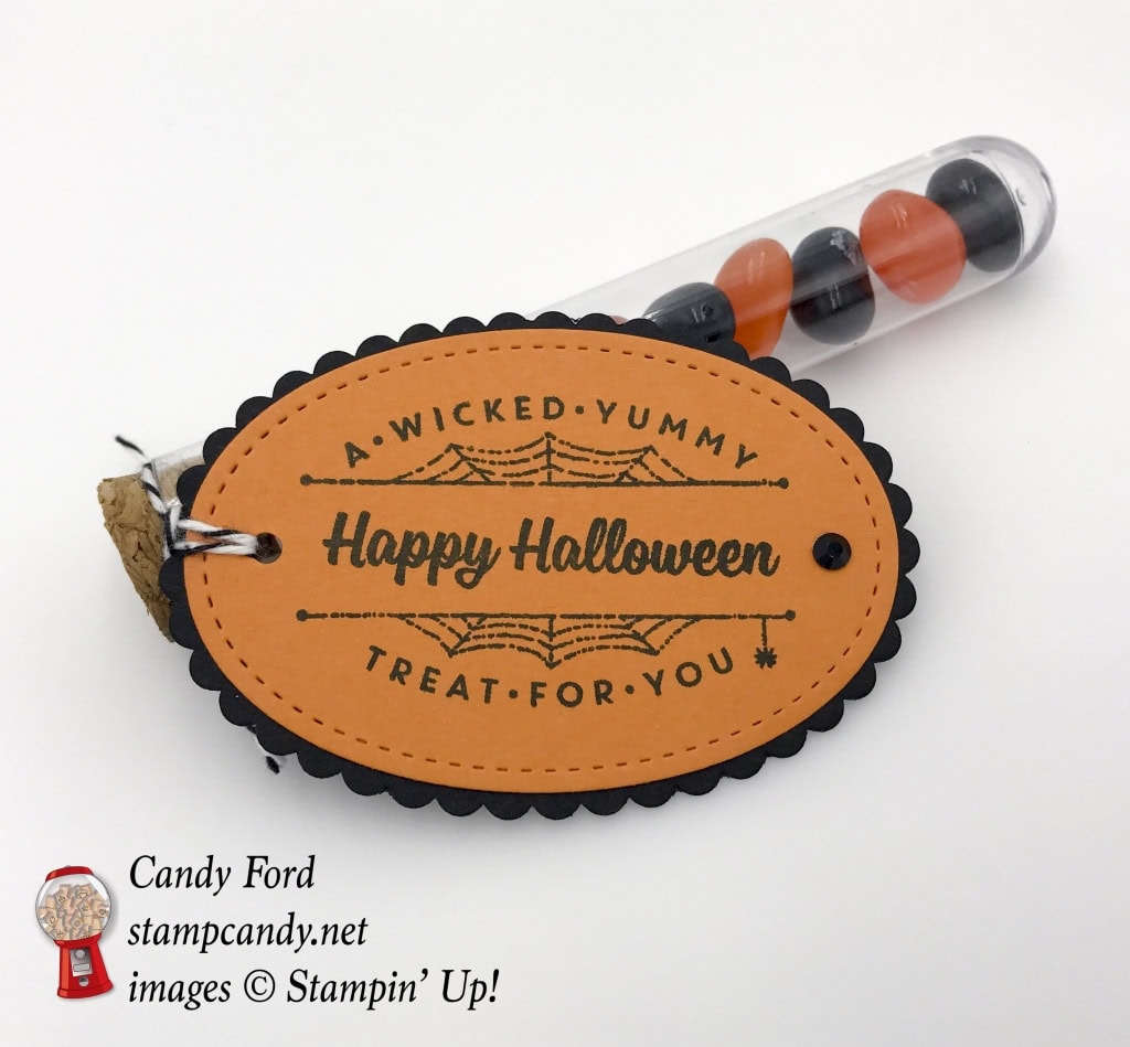 Quick and easy treat made with Spooky Cat stamp set, Layering Ovals Framelits Dies, Stitched Shapes Framelits Dies, Black Rhinestone Jewels, and Treat Tubes by Stampin' Up! #stampcandy