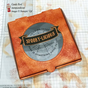 Spookylicious Mini Pizza Box made using The Little Things stamp set, stitched Shapes Framelits Dies, Window Sheets, and Stampin' Sponges by Stampin' Up! #stampcandy Halloween treats, jelly beans