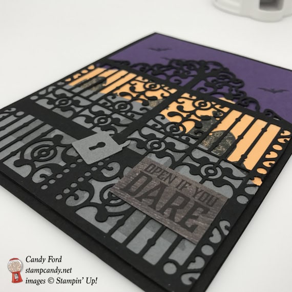 Handmade halloween card using Stampin' Up! Graveyard Gate die by Stamp Candy