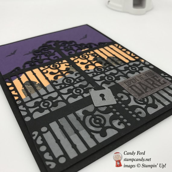 Handmade halloween card using Stampin' Up! Graveyard Gate die by Stamp Candy