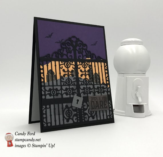 Handmade halloween card using Stampin' Up! Graveyard Gate die by Stamp Candy