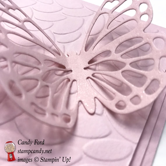 Powder pink monochrome butterfly thinklit handmade stampin up card on petals TIEF
