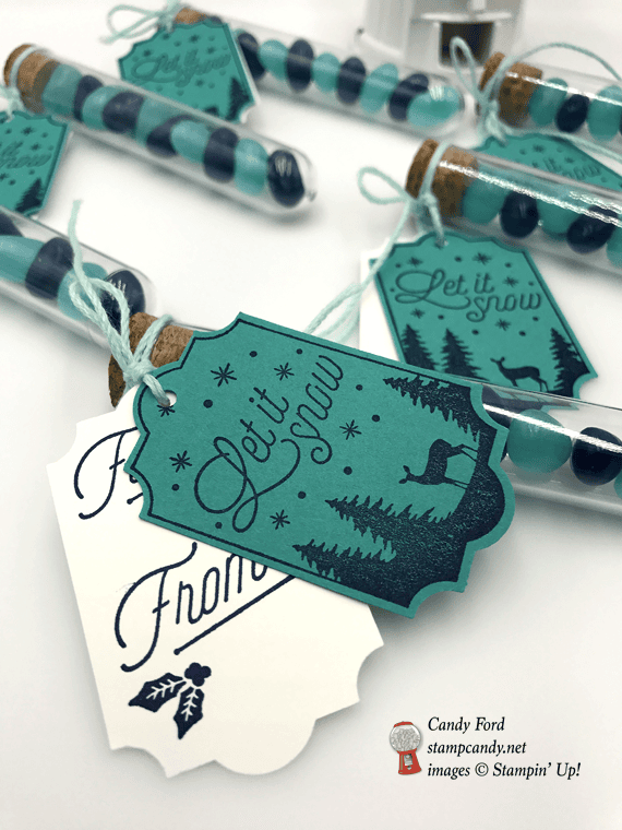 Let it snow tag treat tubs stampin up merry little labels by candy ford of stamp candy