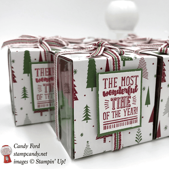 Stampin' Up! Brightly Lit Christmas stamp set and Be Merry DSP over clear tiny acetate boxes filled with jelly belly jelly beans by Candy Ford of Stamp Candy
