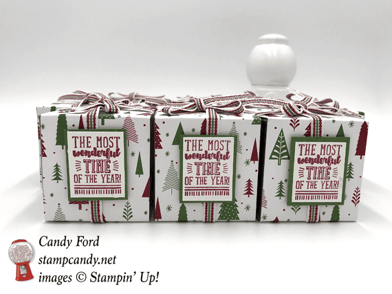 Stampin' Up! Brightly Lit Christmas stamp set and Be Merry DSP over clear tiny acetate boxes filled with jelly belly jelly beans by Candy Ford of Stamp Candy