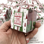 Stampin' Up! Brightly Lit Christmas stamp set and Be Merry DSP over clear tiny acetate boxes filled with jelly belly jelly beans by Candy Ford of Stamp Candy