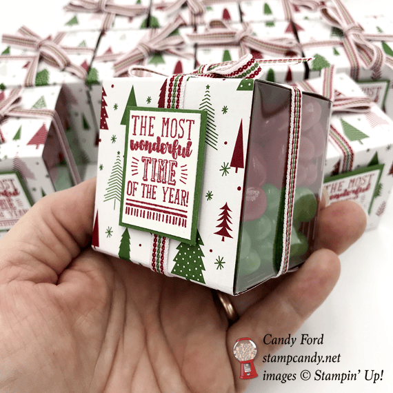 Stampin' Up! Brightly Lit Christmas stamp set and Be Merry DSP over clear tiny acetate boxes filled with jelly belly jelly beans by Candy Ford of Stamp Candy