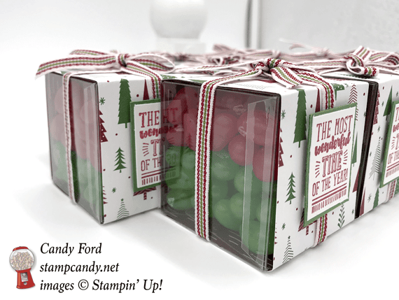 Stampin' Up! Brightly Lit Christmas stamp set and Be Merry DSP over clear tiny acetate boxes filled with jelly belly jelly beans by Candy Ford of Stamp Candy