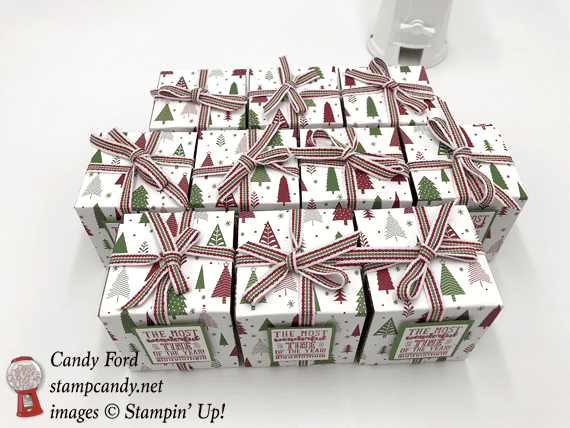 Stampin' Up! Brightly Lit Christmas stamp set and Be Merry DSP over clear tiny acetate boxes filled with jelly belly jelly beans by Candy Ford of Stamp Candy