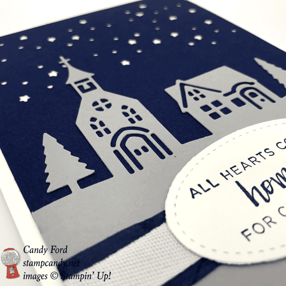 Stampin' Up! Hearts Come Home stamp sets paired with the Hometown Greetings Edgelit dies Starry Night Christmas card by Stamp Candy