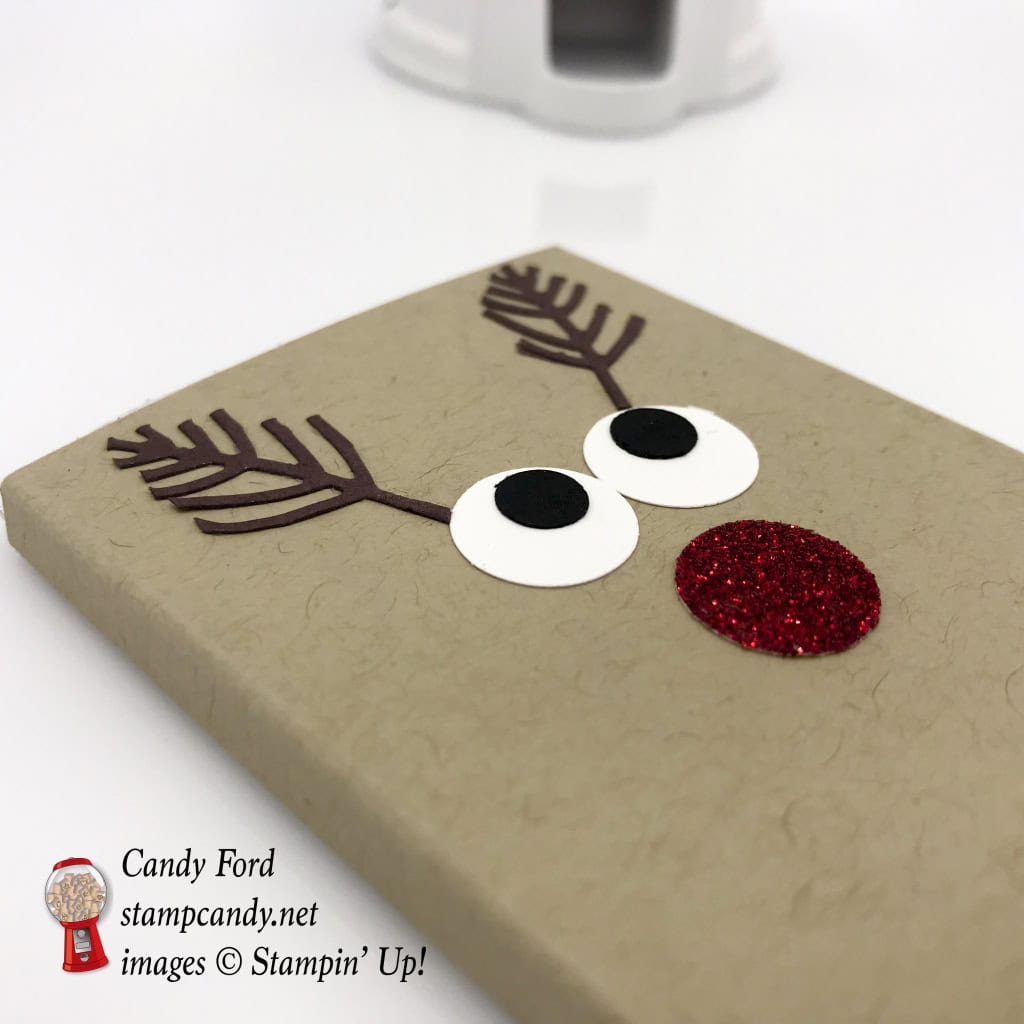 Reindeer Hershey Bar cover for Christmas gifts. 1/2" Circle Punch, Red Glimmer Paper, Seasonal Layers Thinlits Dies by Stampin' Up! #stampcandy
