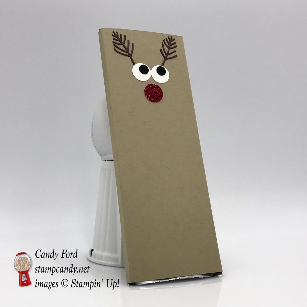 Reindeer Hershey Bar cover for Christmas gifts. 1/2" Circle Punch, Red Glimmer Paper, Seasonal Layers Thinlits Dies by Stampin' Up! #stampcandy