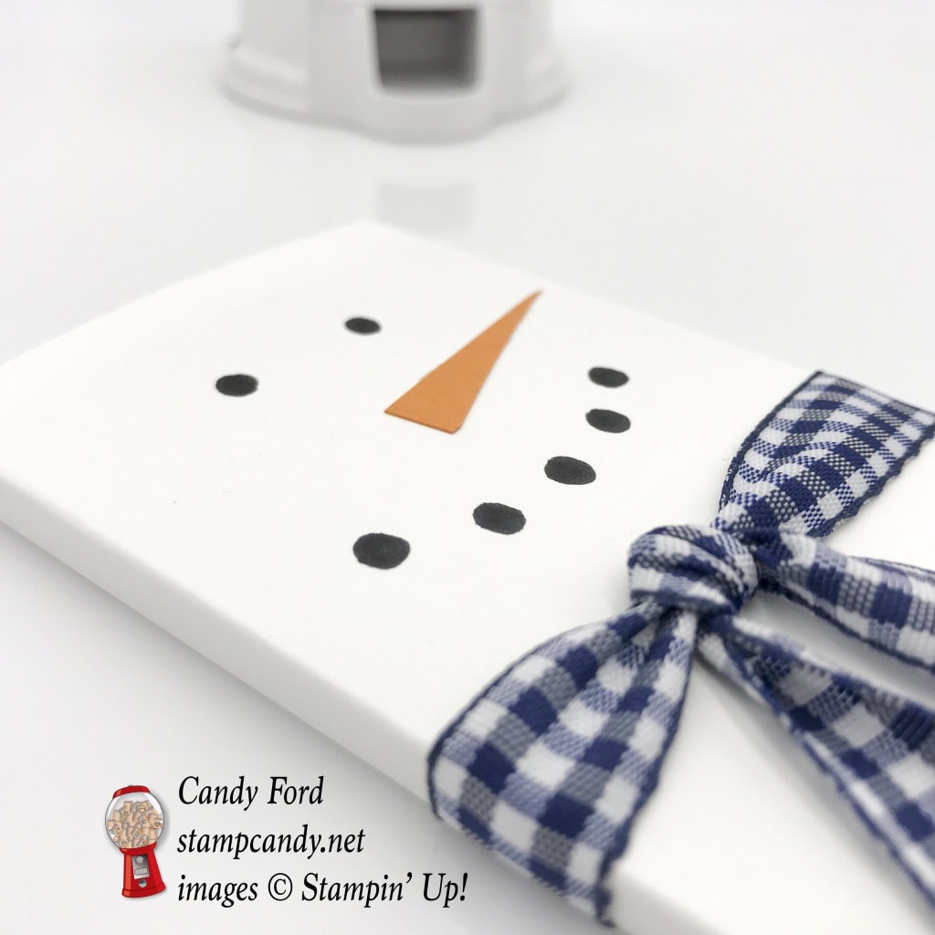 Snowman Hershey Bar cover for Christmas gifts. Night of Navy 1/2" Gingham Ribbon by Stampin' Up! #stampcandy