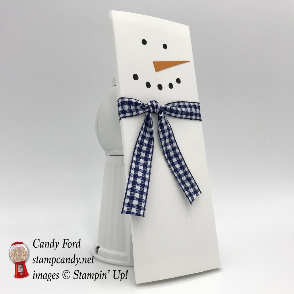 Snowman Hershey Bar cover for Christmas gifts. Night of Navy 1/2" Gingham Ribbon by Stampin' Up! #stampcandy