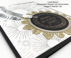 Lonita Barron New Year card, Cheers to the Year, Year of Cheer, Foil Snowflakes, heal emboss, silver sequin trim, Stampin' Up! 