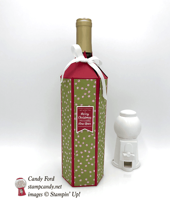 Stampin' Up! Brightly lit Christmas and Christmas Around the World DSP wine bottle gift wrap cover by Candy Ford of Stamp Candy
