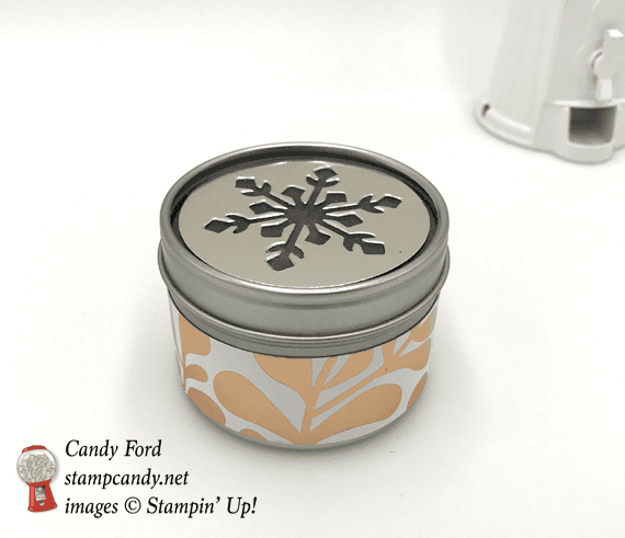 Stampin' Up! Year of Cheer specialty DSP designer series paper copper foil wrapped jar with snowflake top by Candy Ford of Stamp Candy