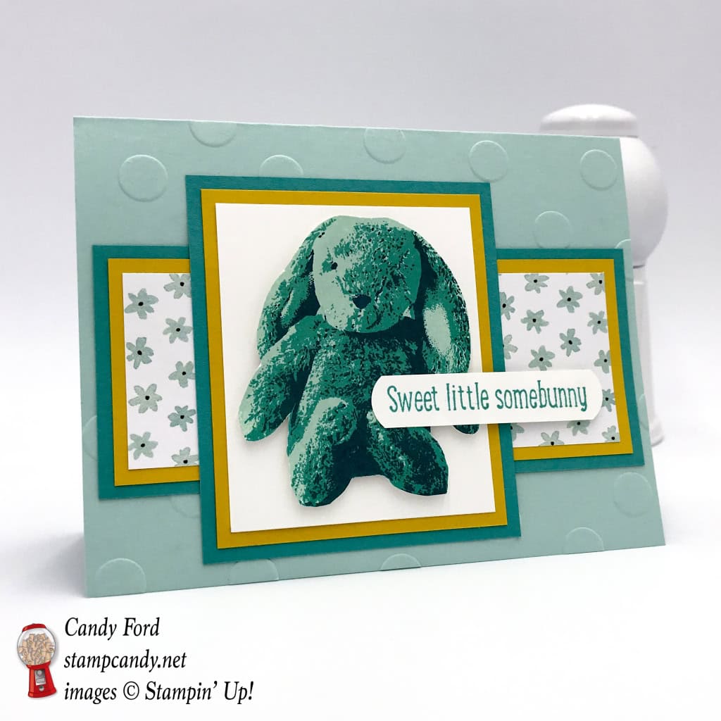 This very sweet card is made with the Sweet Little Something stamp set, Whole Lotta Lovely Designer Series Paper, and card stock in Pool Party, Bermuda Bay, and Crushed Curry, all by Stampin' Up! #stampcandy