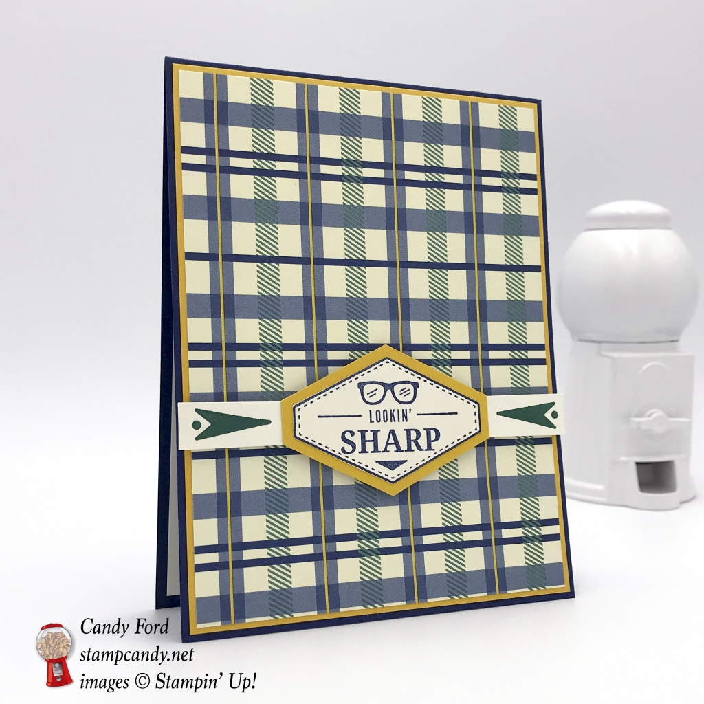 Great guy card, Lookin' Sharp, made with the Truly Tailored stamp set, Tailored Tag Punch, and True Gentleman paper by Stampin' Up! #stampcandy