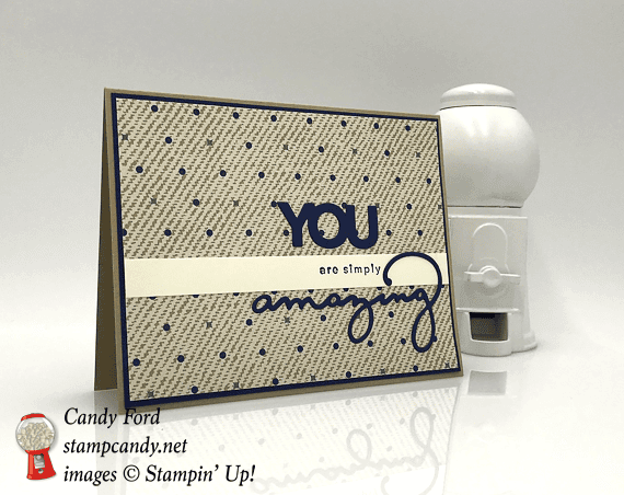 2018 Saleabration amazing you, celebrate you thinlits and true gentleman dsp handmade card by Candy Ford of Stamp Candy.