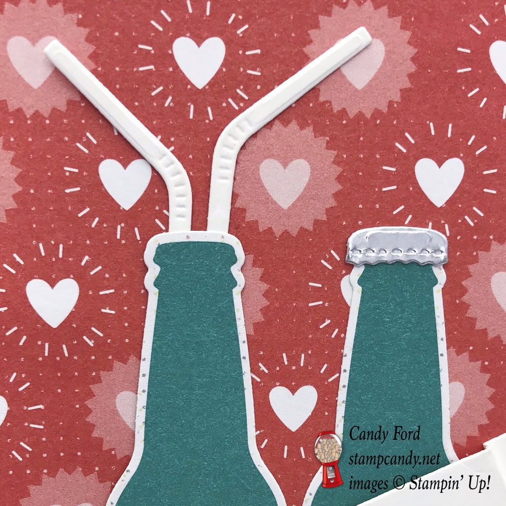 This card is made with the Bubble Over stamp set & Bottles & Bubbles Framelits Dies (it's a bundle!), Bubbles & Fizz Designer Series Paper (DSP,) and the Cupcake Cutout Framelits Dies, by Stampin' Up! May your day bubble over with happiness. #stampcandy
