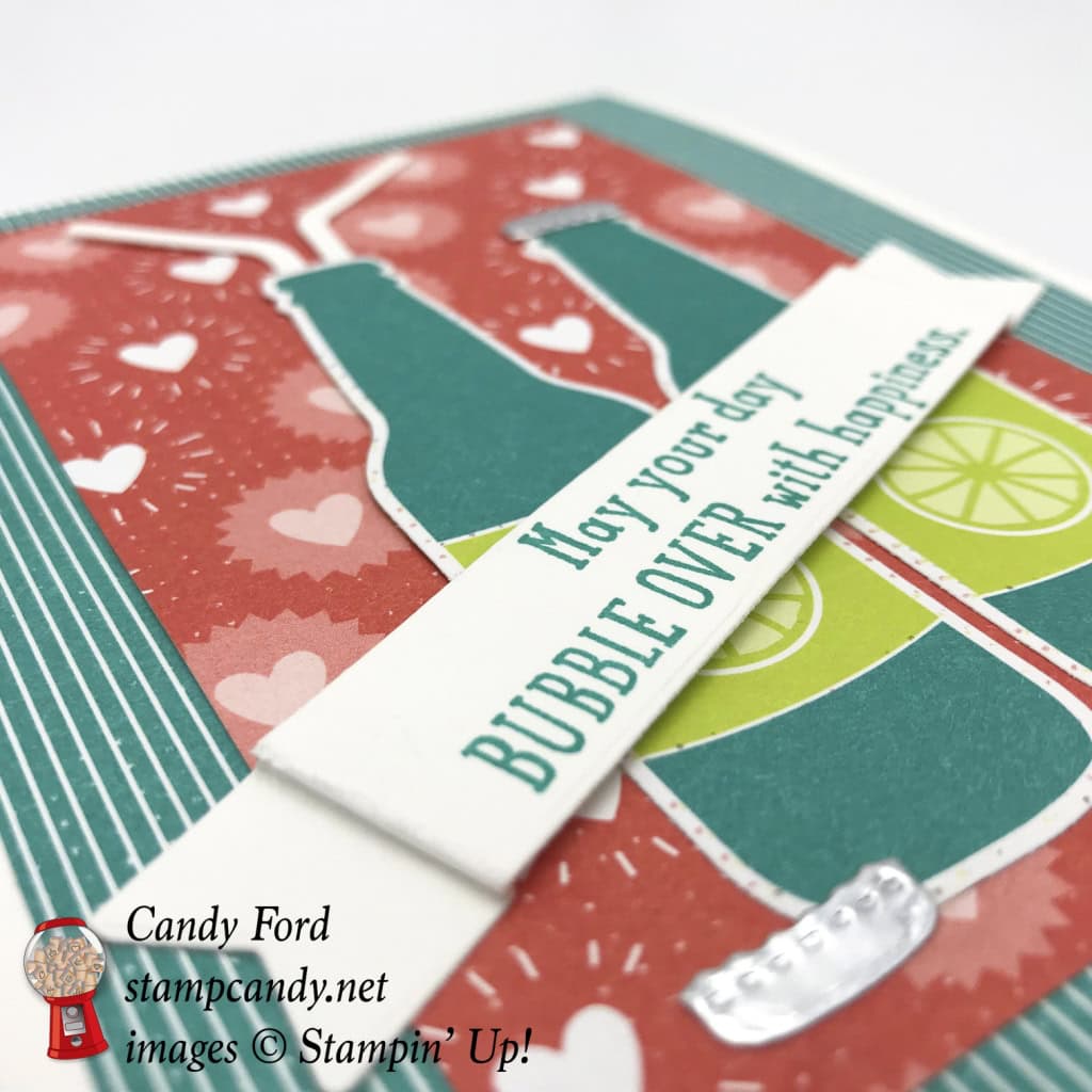 This card is made with the Bubble Over stamp set & Bottles & Bubbles Framelits Dies (it's a bundle!), Bubbles & Fizz Designer Series Paper (DSP,) and the Cupcake Cutout Framelits Dies, by Stampin' Up! May your day bubble over with happiness. #stampcandy