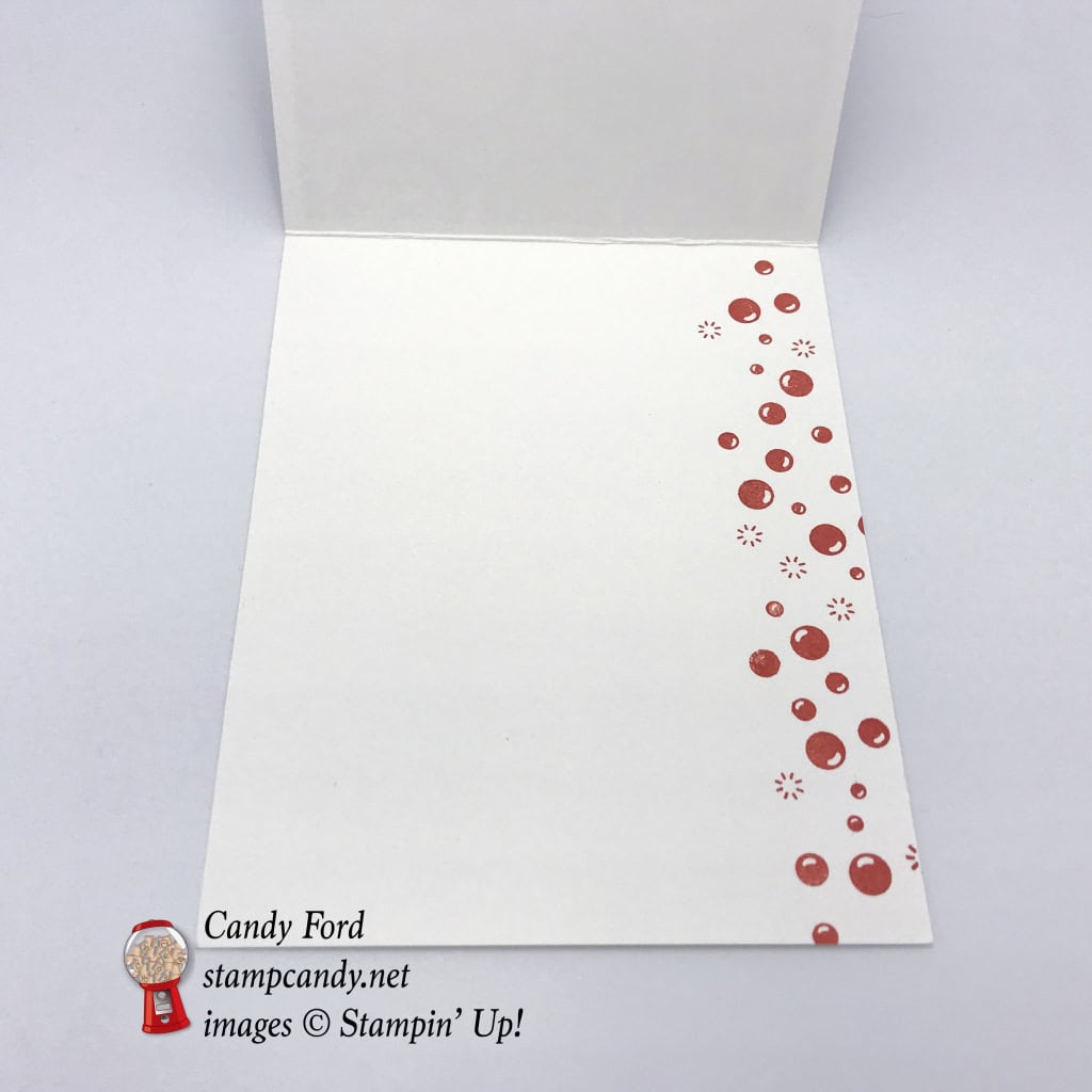 This card is made with the Bubble Over stamp set & Bottles & Bubbles Framelits Dies (it's a bundle!), Bubbles & Fizz Designer Series Paper (DSP,) and the Cupcake Cutout Framelits Dies, by Stampin' Up! May your day bubble over with happiness. #stampcandy