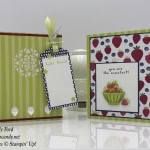Sweet card and tealight candle holder made with the Tutti Frutti suite: Fruit Basket stamp set, Itty Bitty Fruit Punch Pack, Tutti Frutti Designer Series Paper, Tutti Frutti Adhesive Backed Sequins, Tutti Frutti Cards & Envelopes, Tutti-Frutti Washi Tape, Eastern Medallions Thinlits, Stampin' Up! #stampcandy