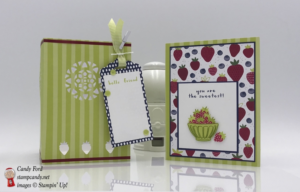 Sweet card and tealight candle holder made with the Tutti Frutti suite: Fruit Basket stamp set, Itty Bitty Fruit Punch Pack, Tutti Frutti Designer Series Paper, Tutti Frutti Adhesive Backed Sequins, Tutti Frutti Cards & Envelopes, Tutti-Frutti Washi Tape, Eastern Medallions Thinlits, Stampin' Up! #stampcandy
